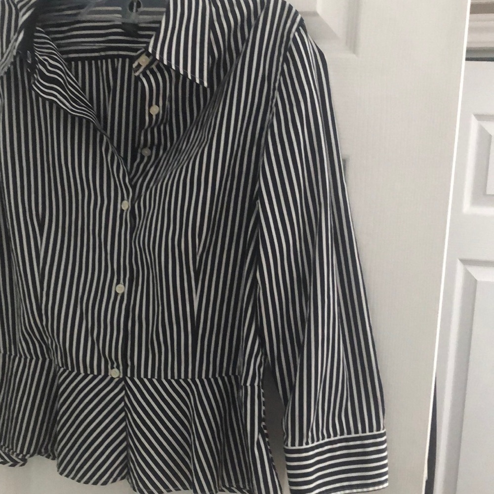 Lauren Ralph Lauren Black and White Striped Peplum Button Down Shirt - Picture 2 of 16